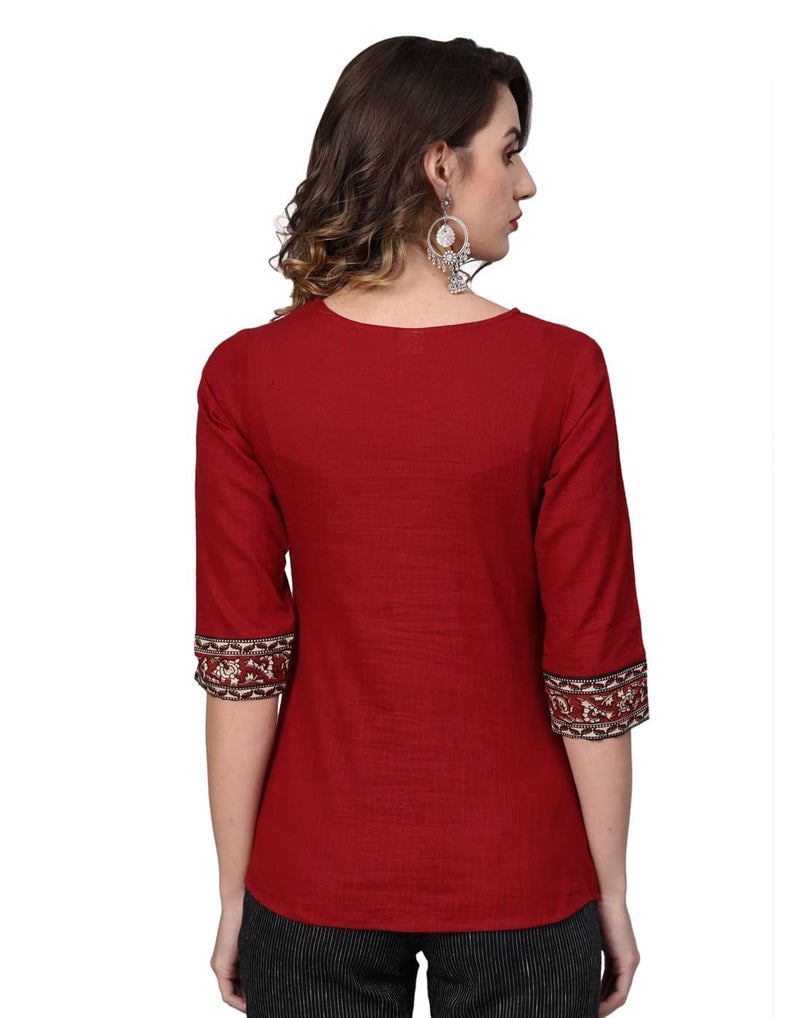 Yash Gallery Indian Cotton Kalamkari Printed Regular Summer Tops for Women (Maroon) - Image 4